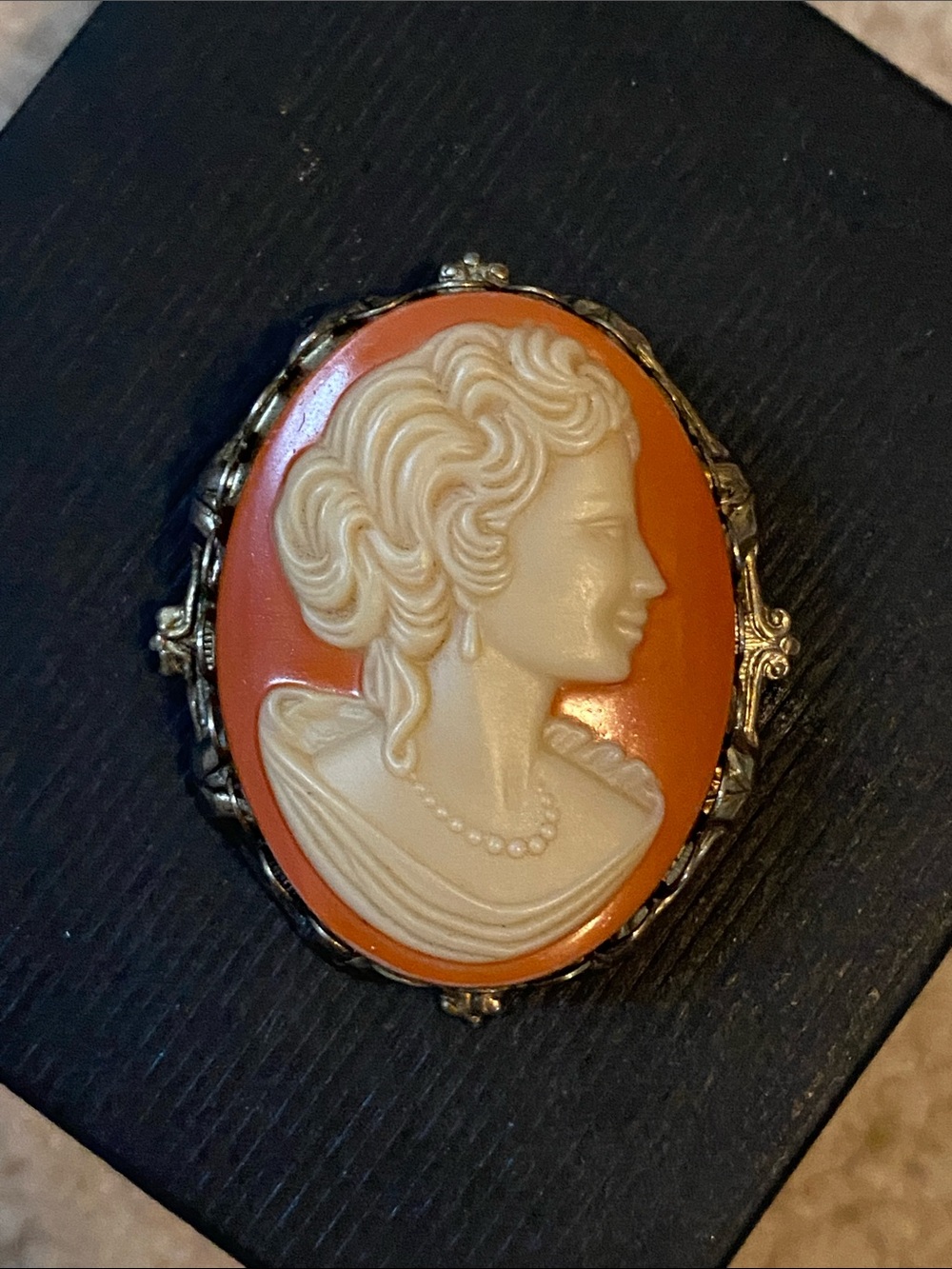 Vintage Cameo Brooch Pendant in Orange and Cream Shell Carved
